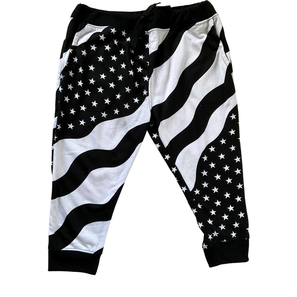 True Rock Mens 2XL Blk White American Flag Stars Stripes Jogger Sweatpants Capri